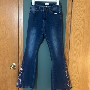 BAMBOO Dark Blue Flare Jeans with Floral Details
